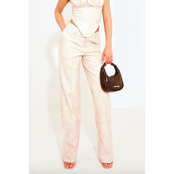 Pretty Little Thing Cream Washed Faux Leather Dip Waist Flared Pants 4 Tall - Picture 1 of 10